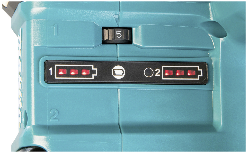 Electronic device with two battery indicator bars. Both bars show five red illumination points, indicating the charge status.