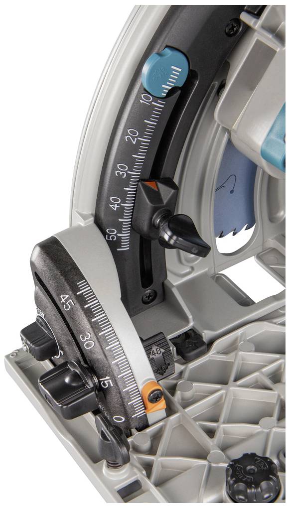 Close-up of a circular saw for precision work. Shows angle and depth adjustment with measuring scale for precise settings.