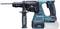 A cordless hammer drill in a blue-black casing with a side handle, suitable for drilling in concrete, wood or metal.