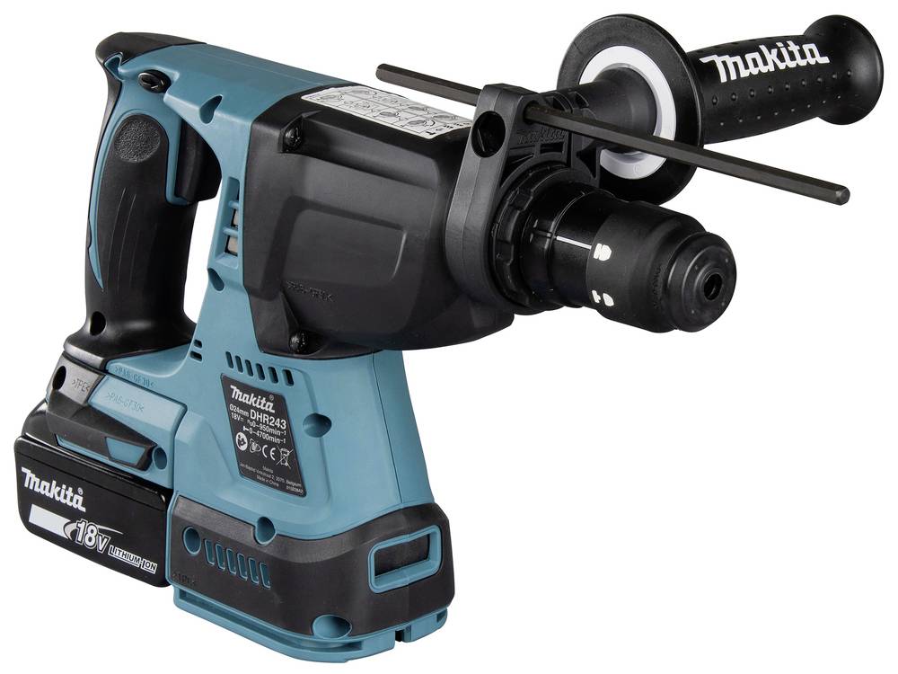 A blue, cordless hammer drill with a black handle and drill bit attachment, suitable for professional construction work.
