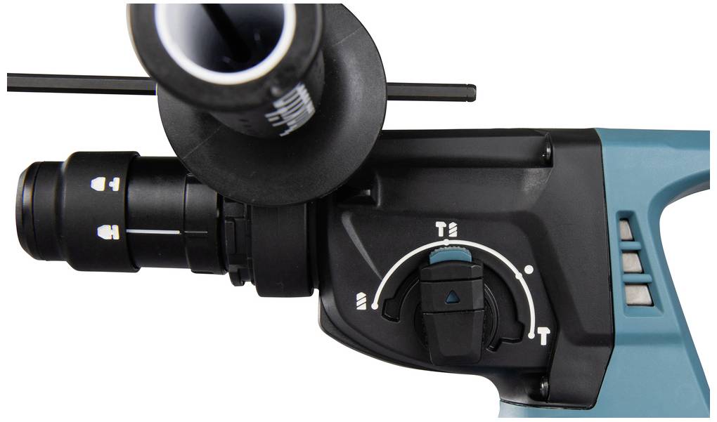 Close-up of a drill hammer with speed and function control switches.