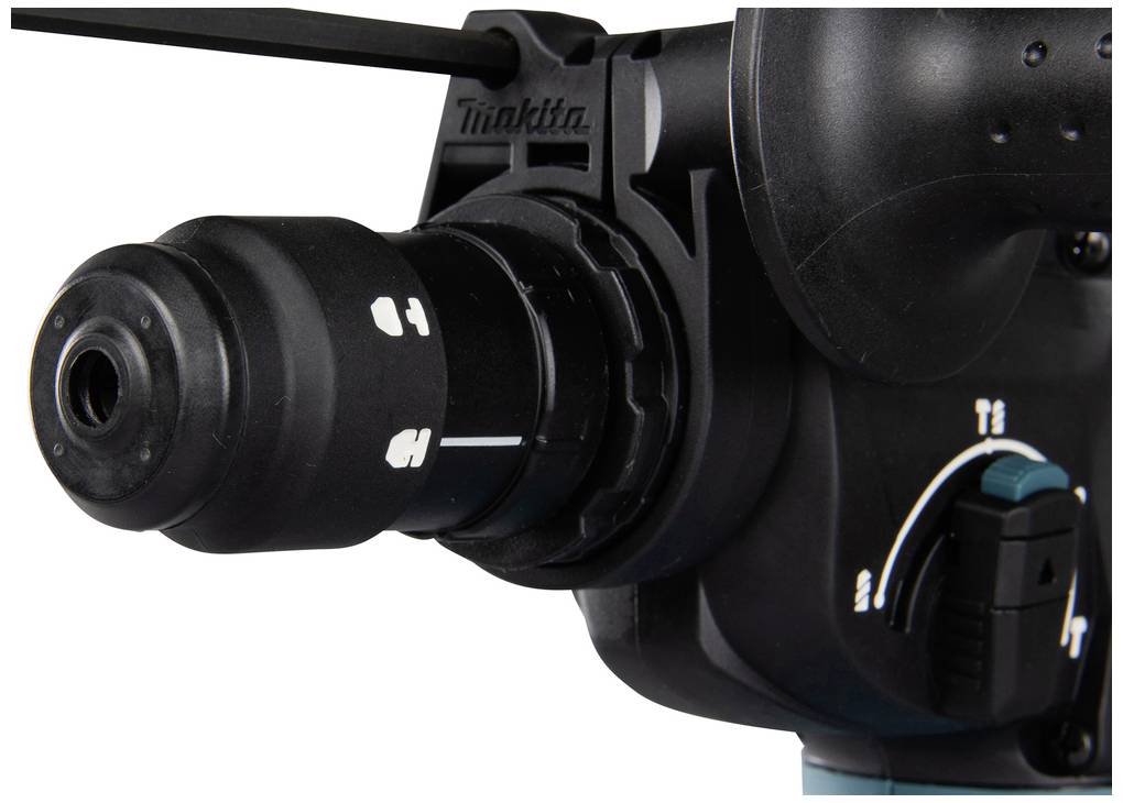 Cordless drill close-up with mode selection dial for different drilling settings. Black, compact design with markings on the head.