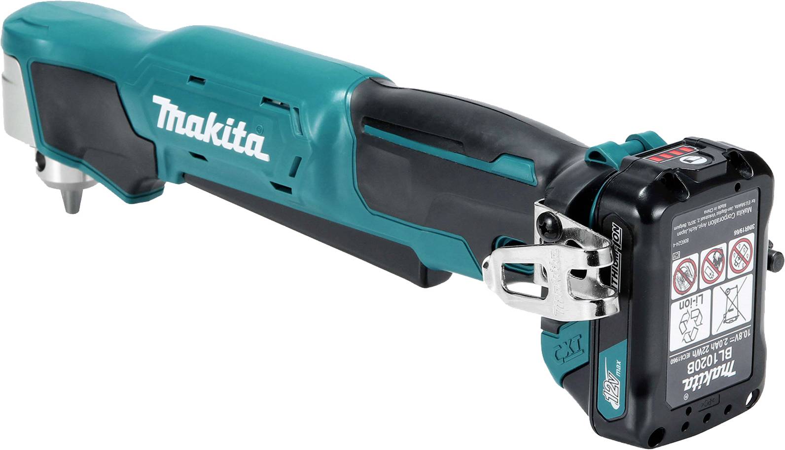 Makita power tool, a battery-powered angle grinder with a blue and black design and removable battery.