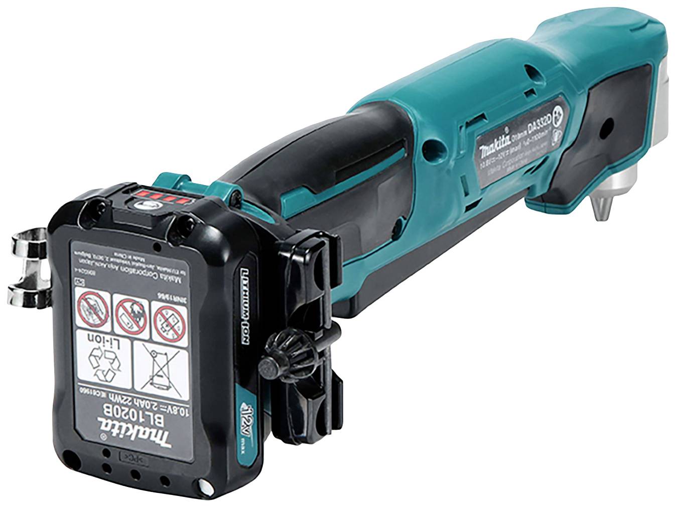 An 18V cordless impact driver with a blue casing and black handle. It has several warning labels on the underside.
