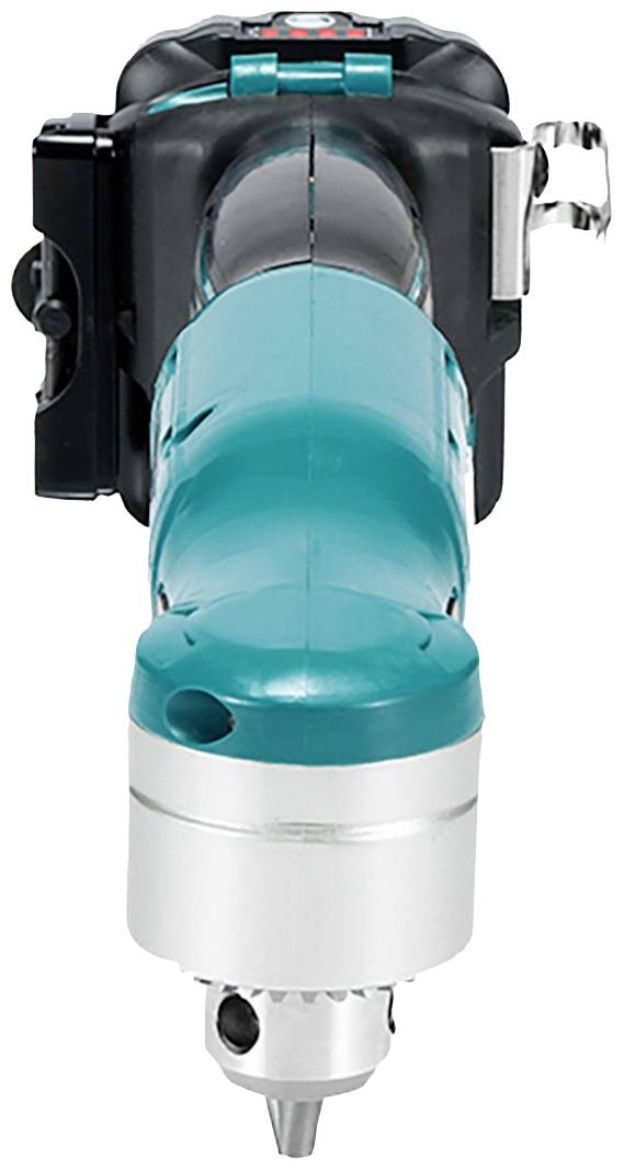 Cordless drill seen from above, with a turquoise handle and silver drill head.