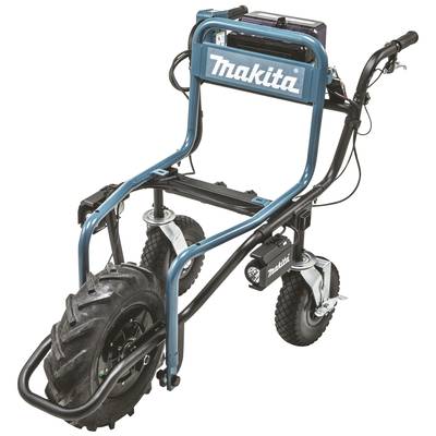 Heavy-duty, battery-powered transport trolley with large rubber wheels at the front and two swivel castor wheels at the rear. Suitable for transporting heavy loads.