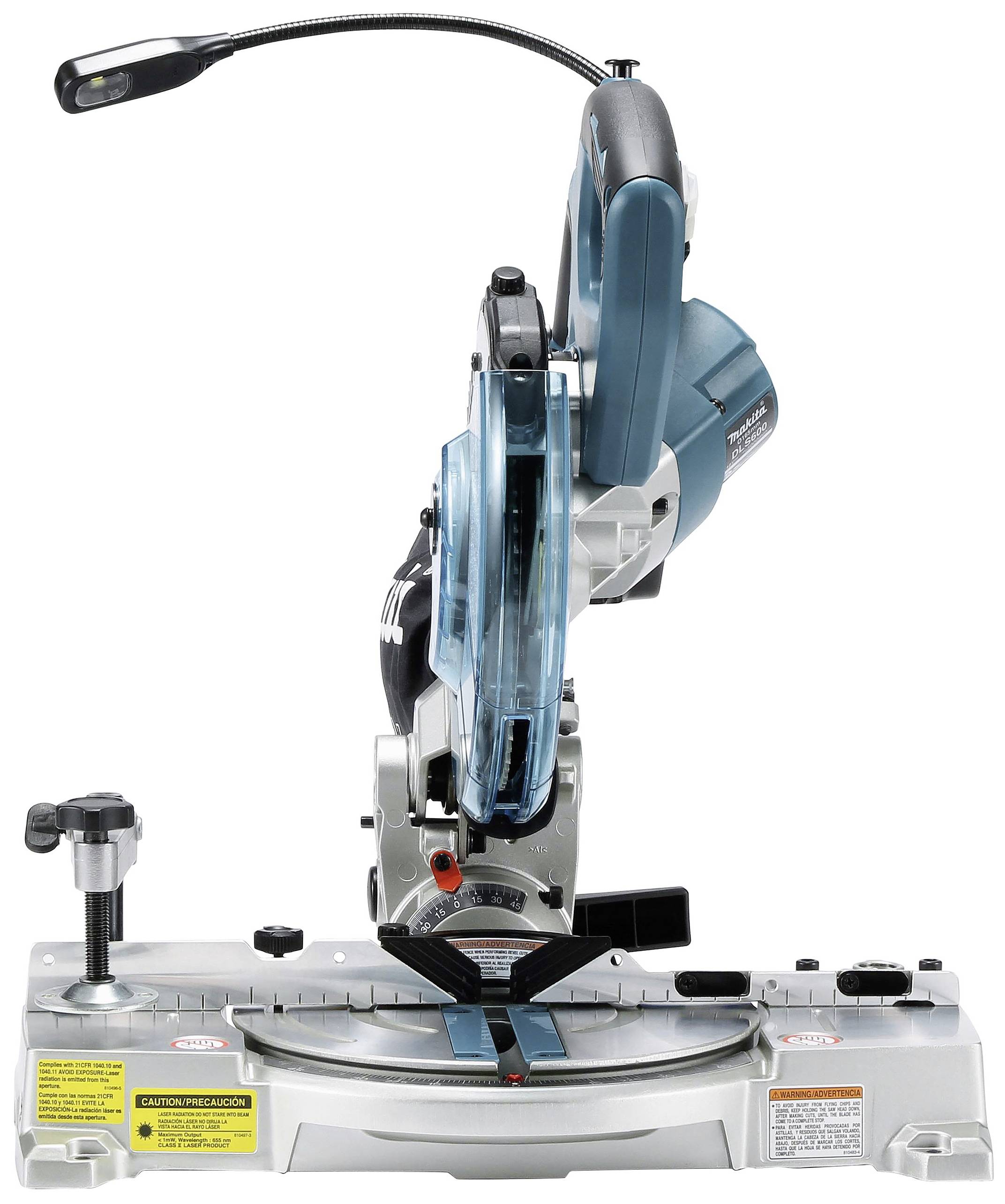 Circular saw on a workbench, photographed vertically, with blue protective housing and measuring scale at the base.