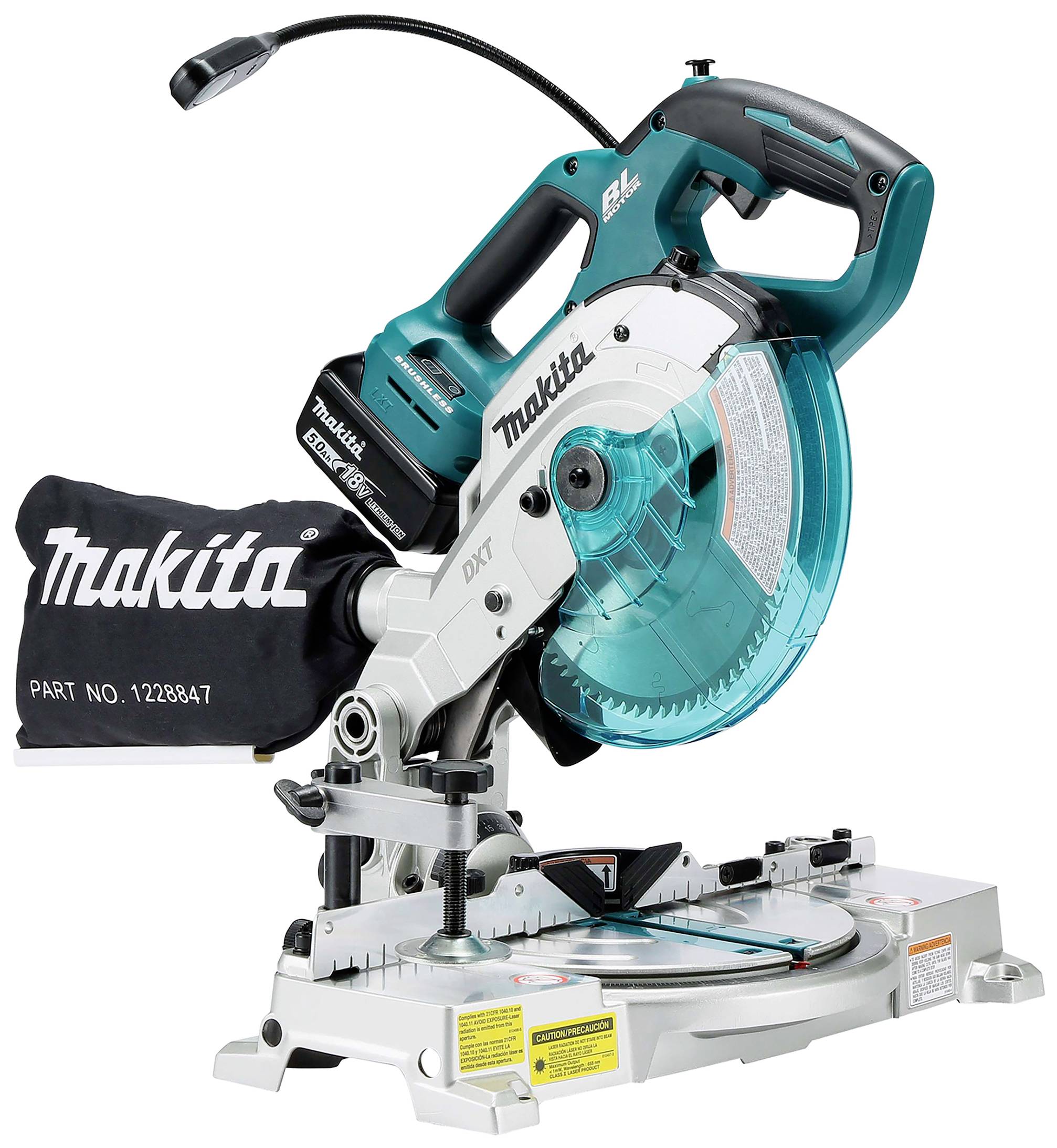Battery-powered mitre saw by Makita, model number 1228847. The saw is compact, with integrated dust extraction and blue protective cover.