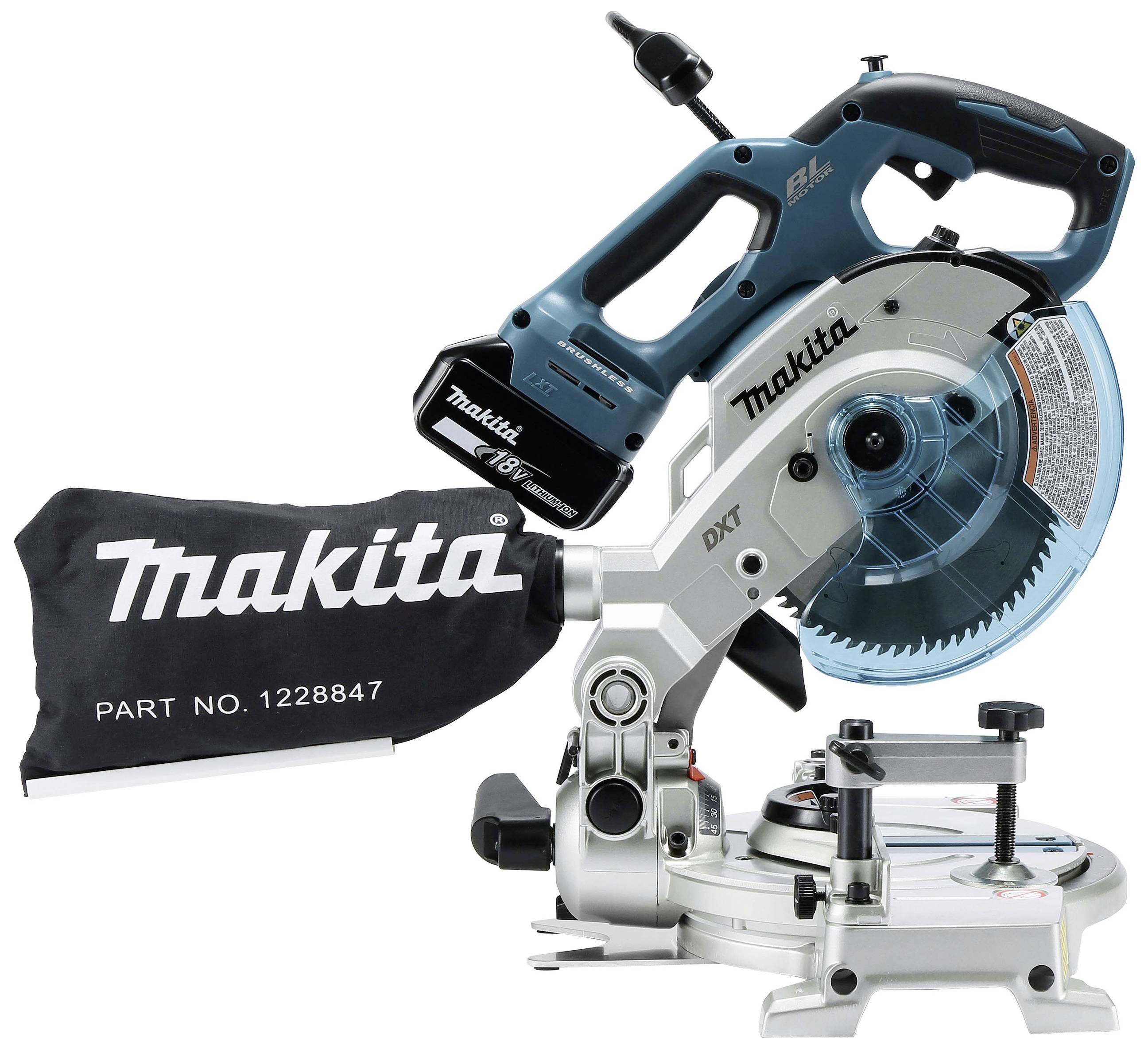 Makita mitre saw with dust collection bag, battery-powered, additional accessories, and manufacturer's logo.