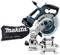 Makita mitre saw with dust collection bag, battery-powered, additional accessories, and manufacturer's logo.