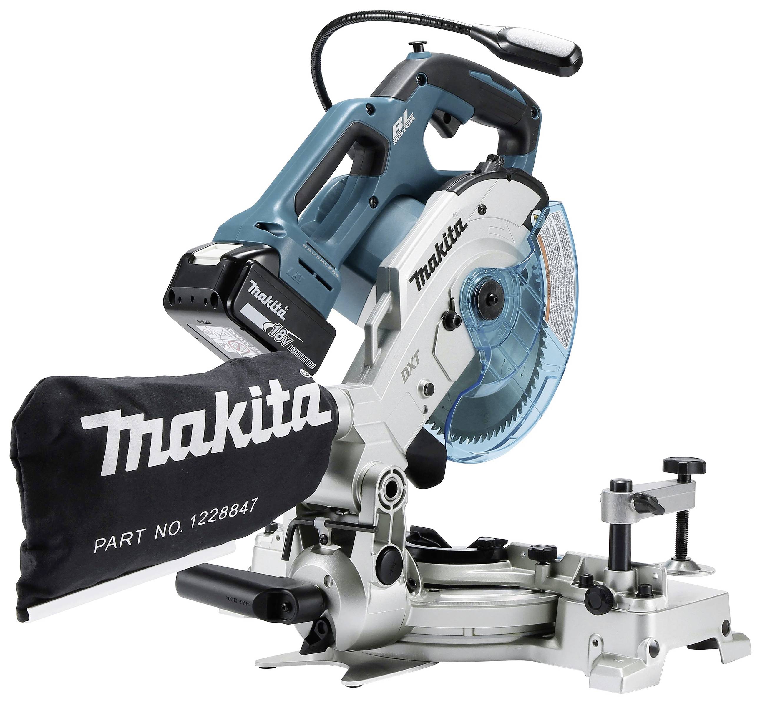 Cordless mitre saw on a white background. It has a blue casing and battery compartment. A dust collection attachment is fitted.