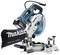 Cordless mitre saw on a white background. It has a blue casing and battery compartment. A dust collection attachment is fitted.