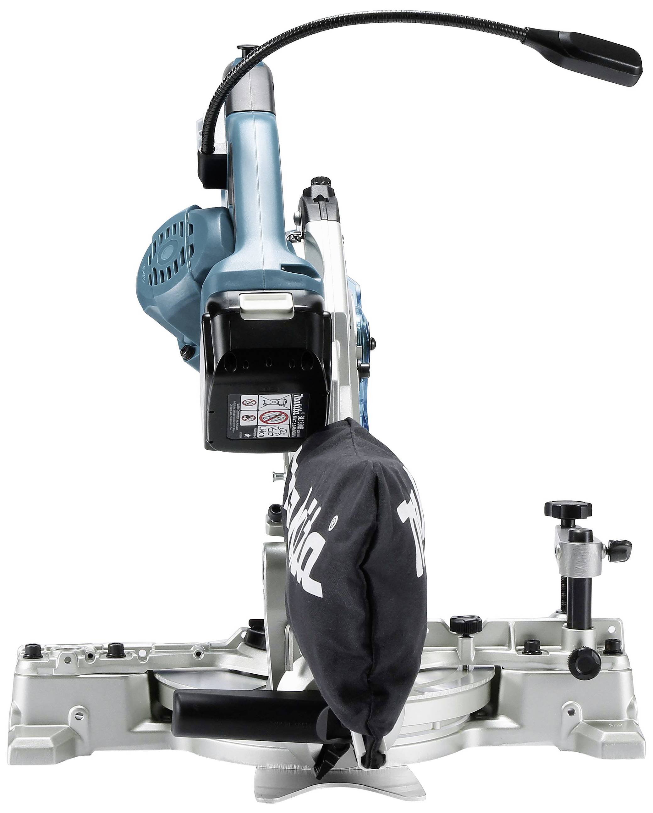 A powered mitre saw, model from a well-known manufacturer, with dust bag and adjustable arm, pictured from the front.