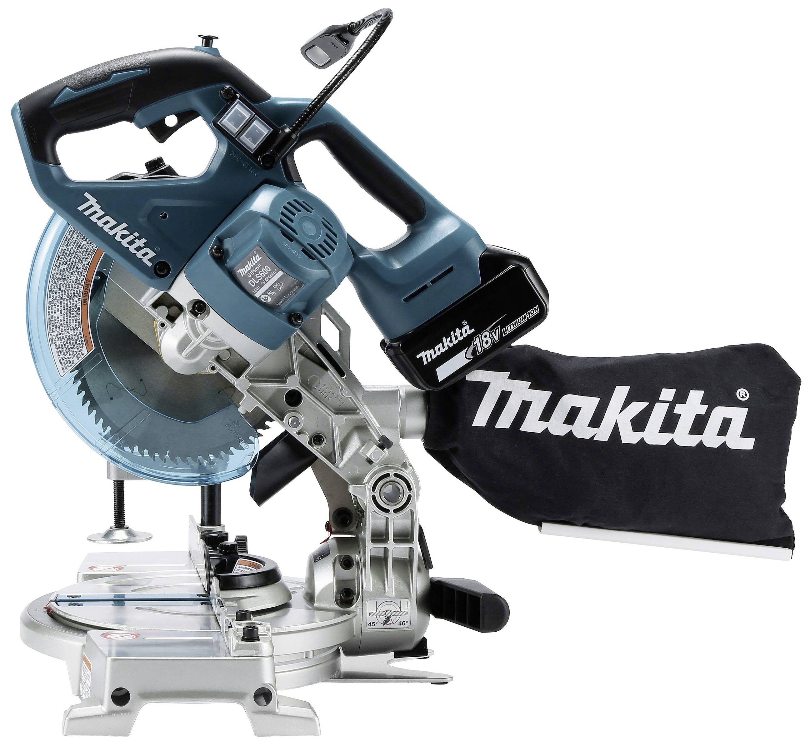Tool illustration: A blue, cordless mitre and crosscut saw by Makita, model number and battery type visible, with dust bag.