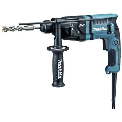 A blue and black electric drill with a side handle and drill bit, in close-up, alongside a cable connection.