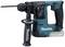 A cordless hammer drill in turquoise and black. It has a handle with the 'Makita' logo and comes with a side handle.