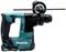 A cordless Makita hammer drill in a green and black design, shown from the side, with a horizontal grip attachment at the top end.