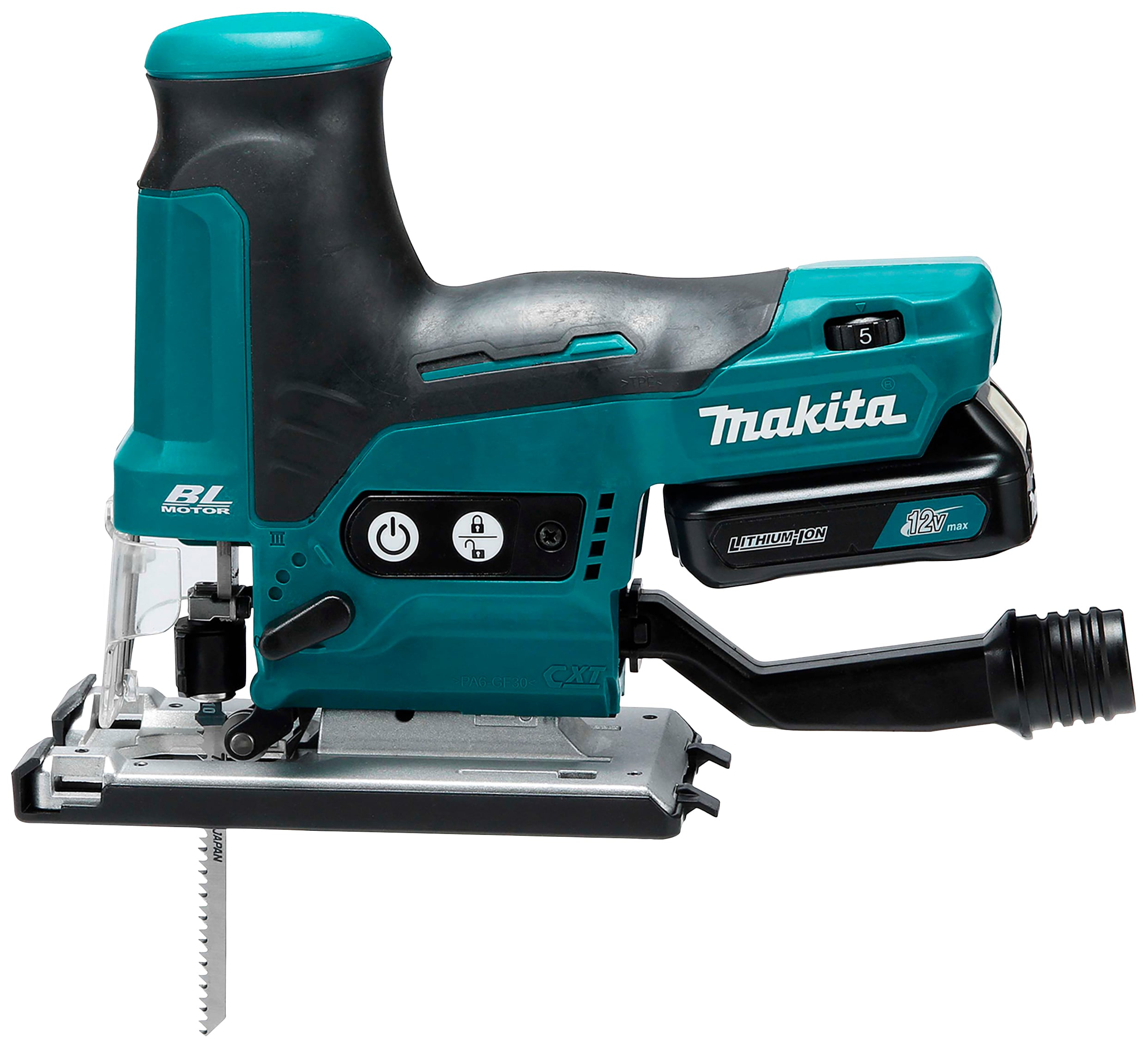 A blue Makita cordless jigsaw with battery and controls is shown.