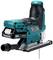 A turquoise-black electric jigsaw with an ergonomic handle and saw blade. Suitable for precise sawing cuts in wood.