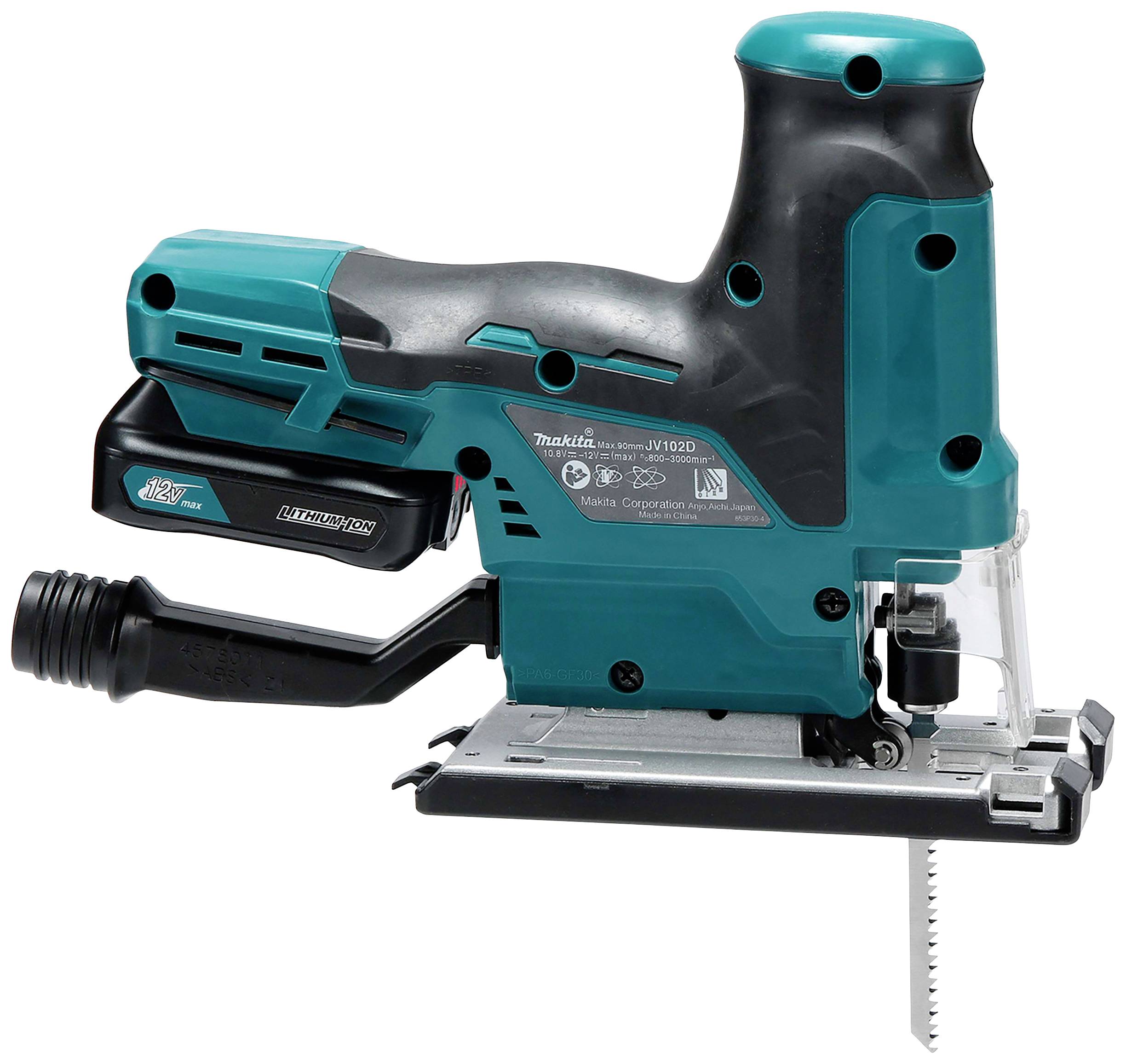 Electric jigsaw in turquoise and black, side view. Suitable for cutting wood and metal, with handle and saw blade.