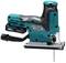Electric jigsaw in turquoise and black, side view. Suitable for cutting wood and metal, with handle and saw blade.