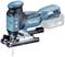 Battery-powered jigsaw by Makita with a blue and black casing and various adjustment buttons, ideal for wood cutting.
