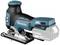 'Makita battery-powered jigsaw in blue and black with visible saw blade and ergonomic handle.'