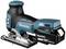 'Cordless jigsaw in blue and black, battery-powered, with 18V lithium-ion battery and brushless motor, by Makita.'