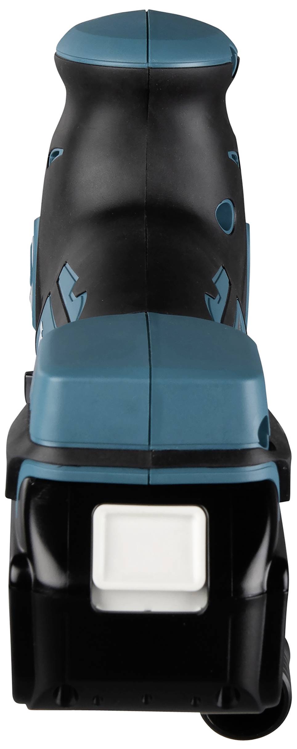 Battery-powered electric saw with black and teal housing, front view.