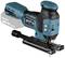 A blue, cordless jigsaw with a black handle and four control elements on the side. Brand and technical details are visible.
