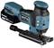 Cordless Jigsaw, blue-black, with 18V Lithium-ion Battery, side-mounted controls and LED light, suitable for wood and metal work.