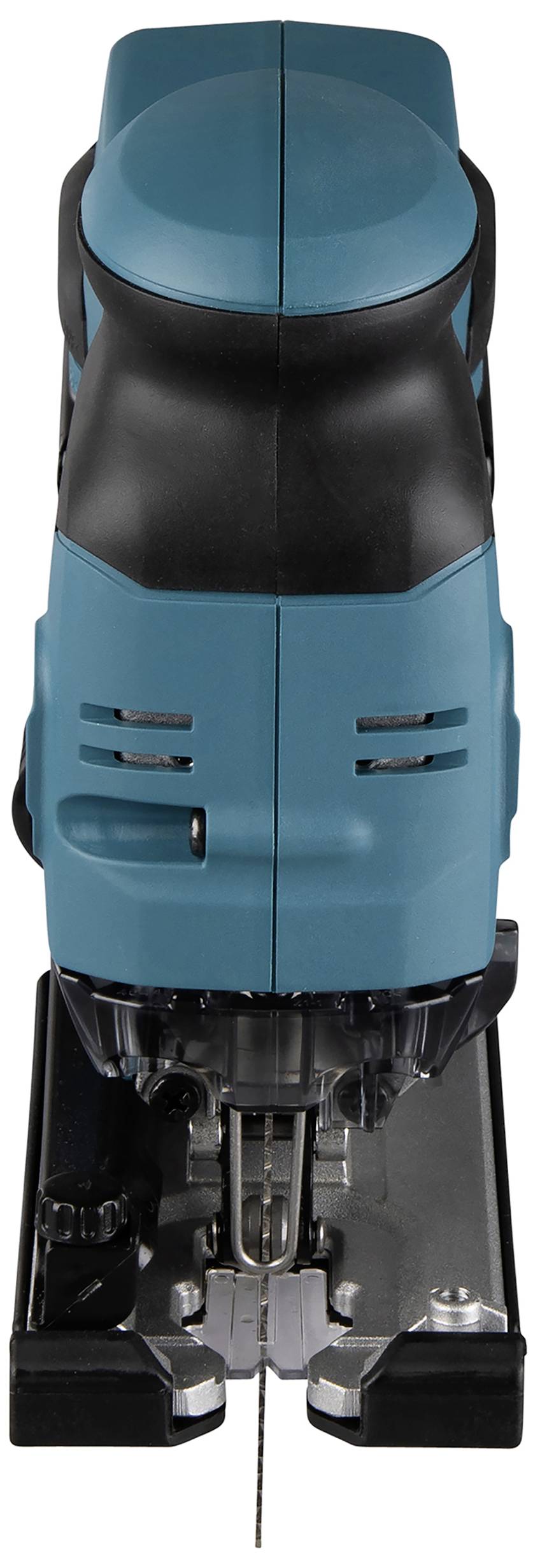 An electric jigsaw with a blue casing and black handle on a white background.