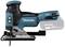 Cordless jigsaw in blue and black with 'Makita' logo, showing saw blade and handle. Used for precise cutting of materials.