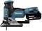 Cordless acoustic saw, brand Makita, model 18V. Black and blue design with visible motor specification and battery component.