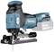 A blue and black Makita jigsaw with a Li-ion battery, cordless. It is switched on and placed on a work surface.