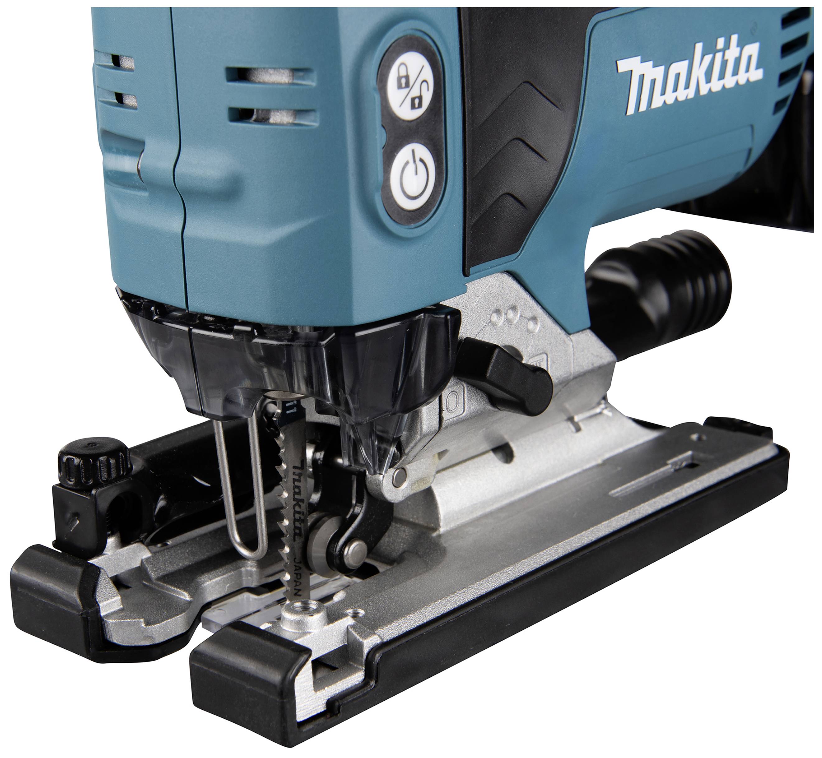 Electric jigsaw with a blue casing, visible saw blade and adjustment knobs. Manufacturer's name printed on the right.