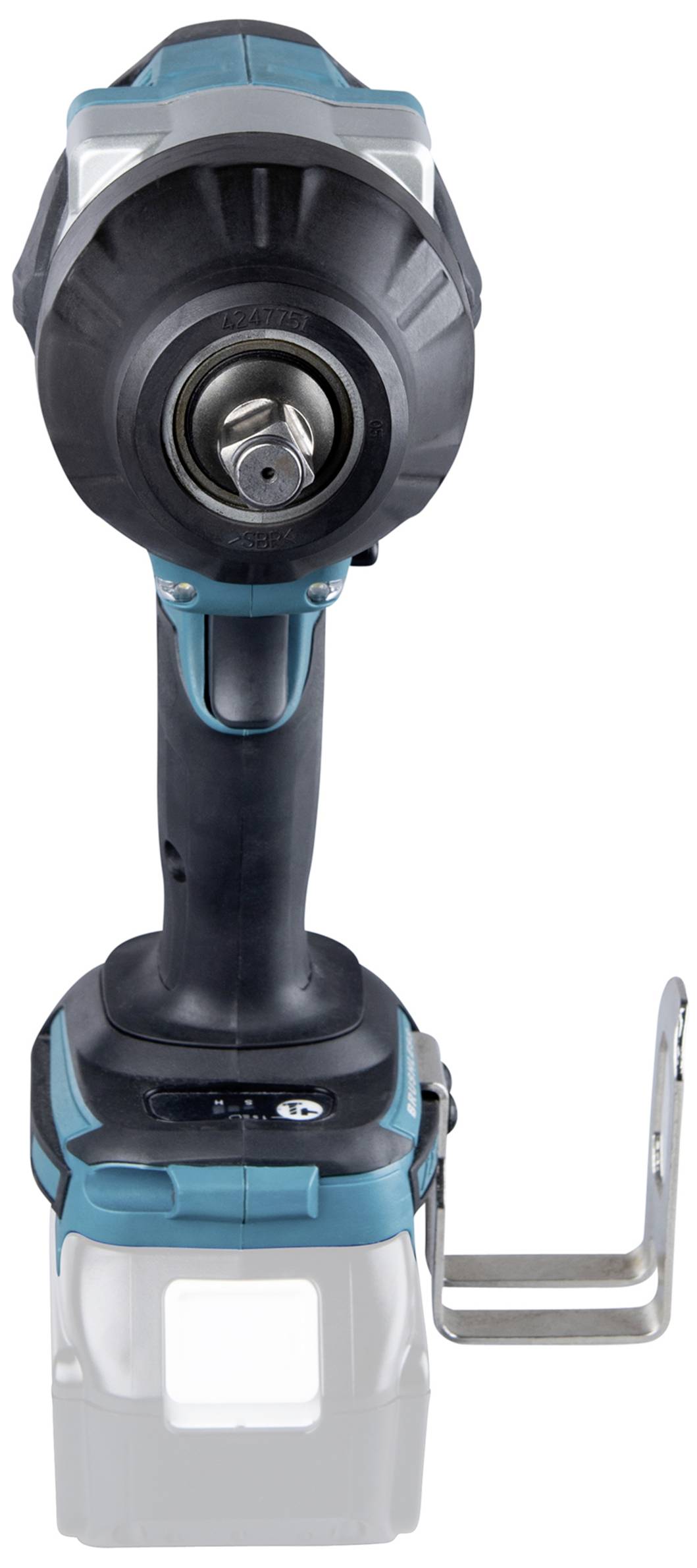 A cordless drill driver in black and turquoise with a sturdy grip and a metallic chuck, side mounting visible.