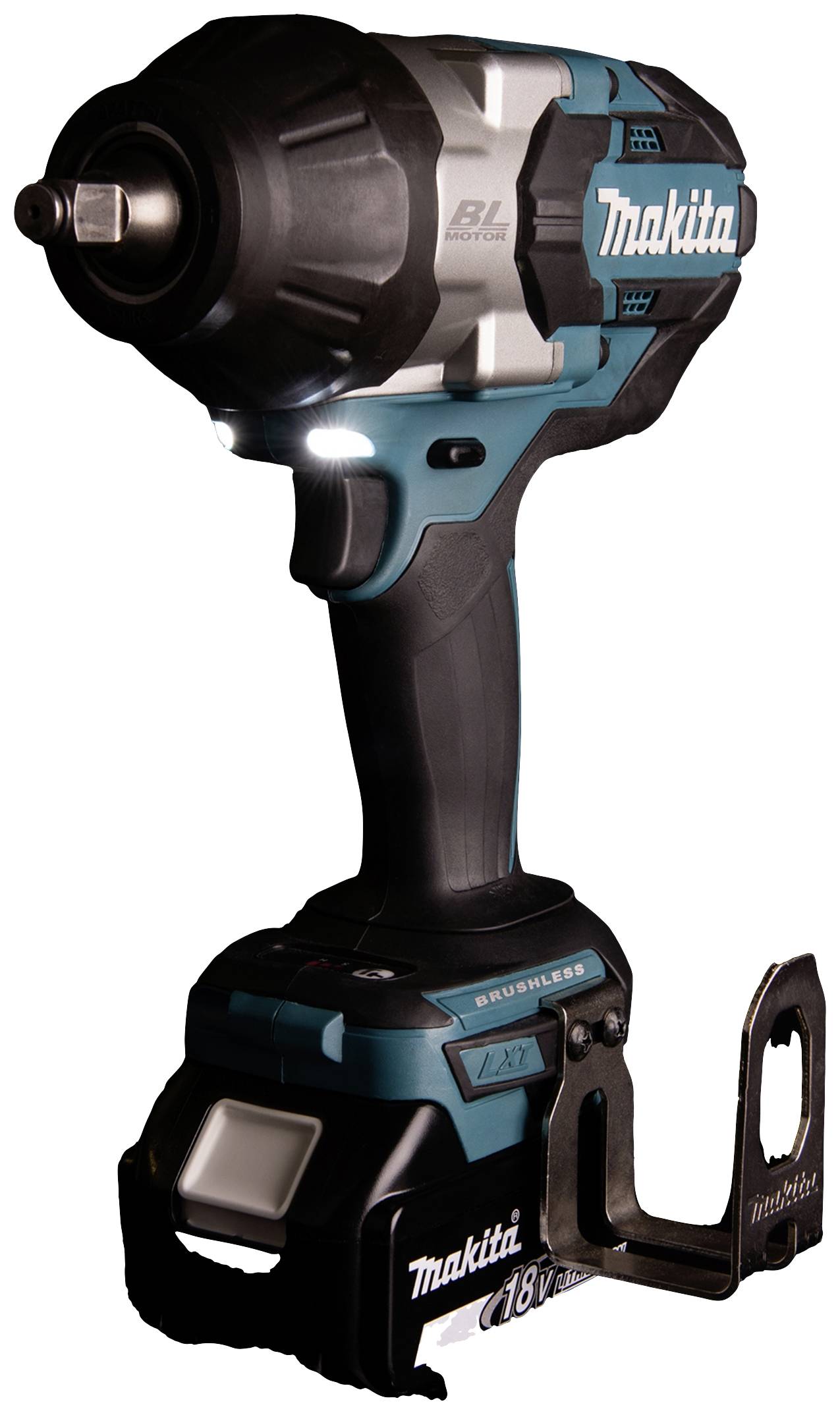Makita cordless impact driver with a brushless motor, in blue and black design, standing upright with LED lights at the front.