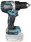 Drill from one side, Makita brand, with blue and black colouring, 18V lithium-ion battery attached at the bottom.