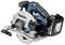 Cordless circular saw in profile with black and blue accents. Compact design, suitable for precise wood cutting.
