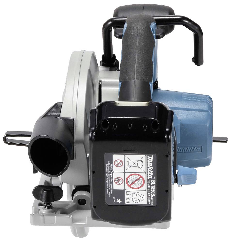 Blue and silver electrical tool handle, focused on a control panel with safety symbols and manufacturer's name.