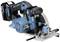 Battery-powered circular saw by Makita on a white background. Compact design, suitable for precise wood cutting.
