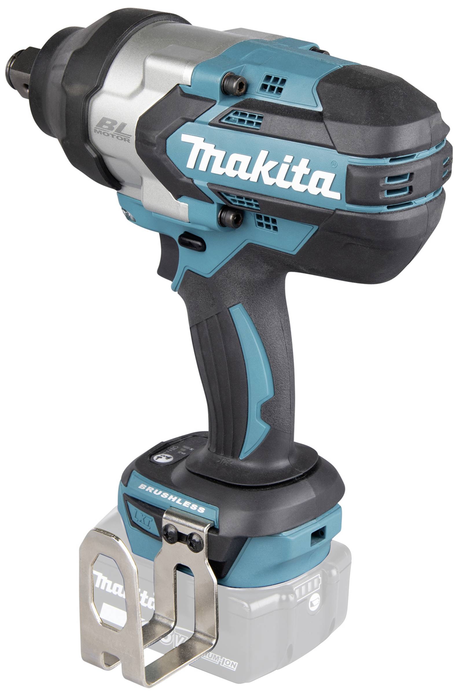 A blue and black cordless impact driver with an ergonomic handle. The brand is visible on the side.