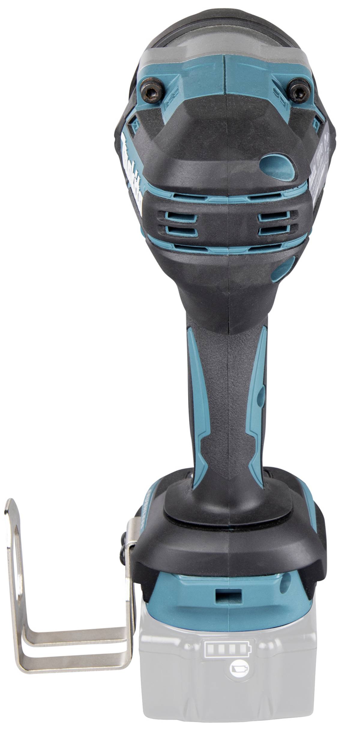 Cordless drill in black and blue. Front view without battery inserted, with handle and belt clip.