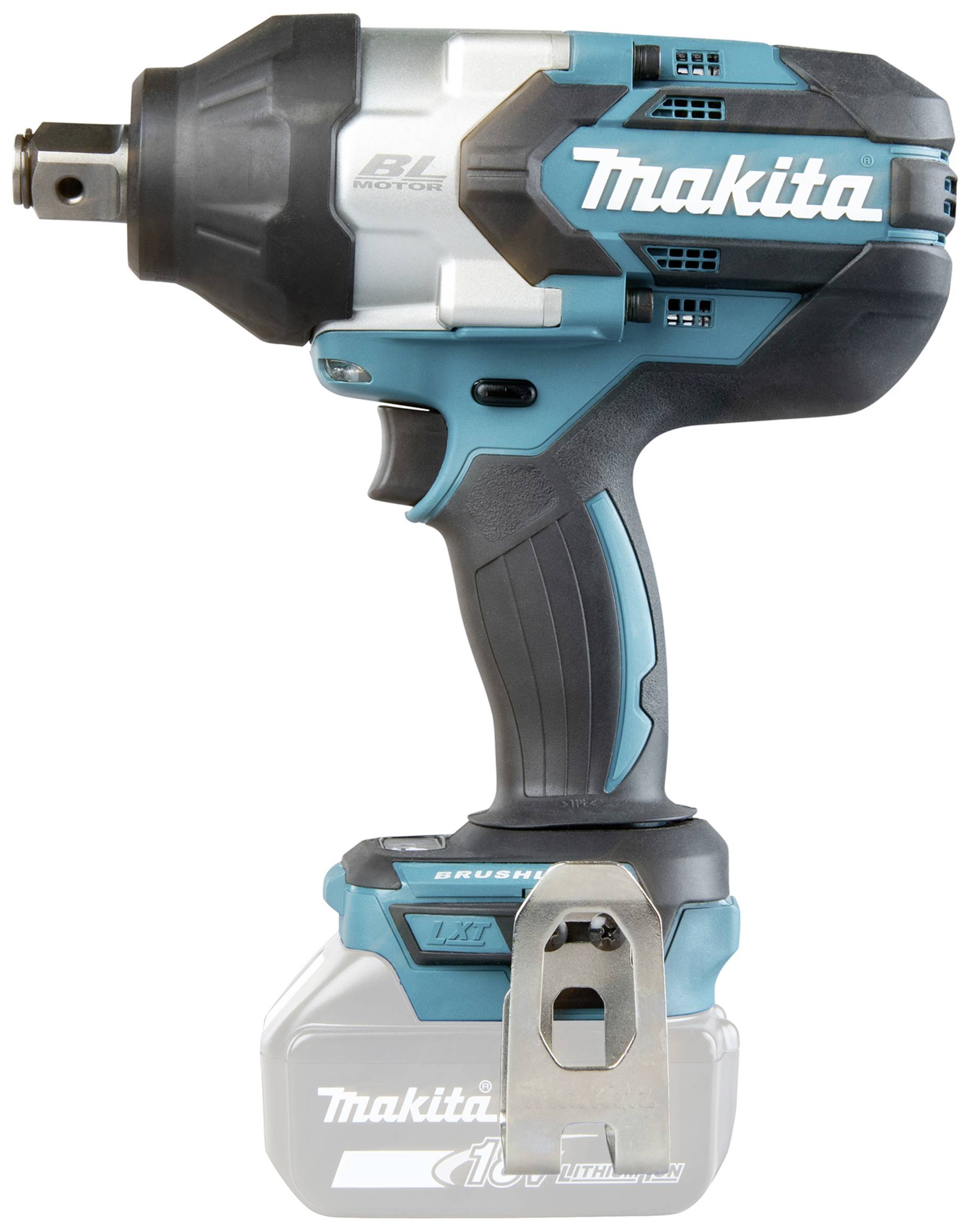 An electric impact driver with a black and turquoise casing and a removable battery located at the bottom.