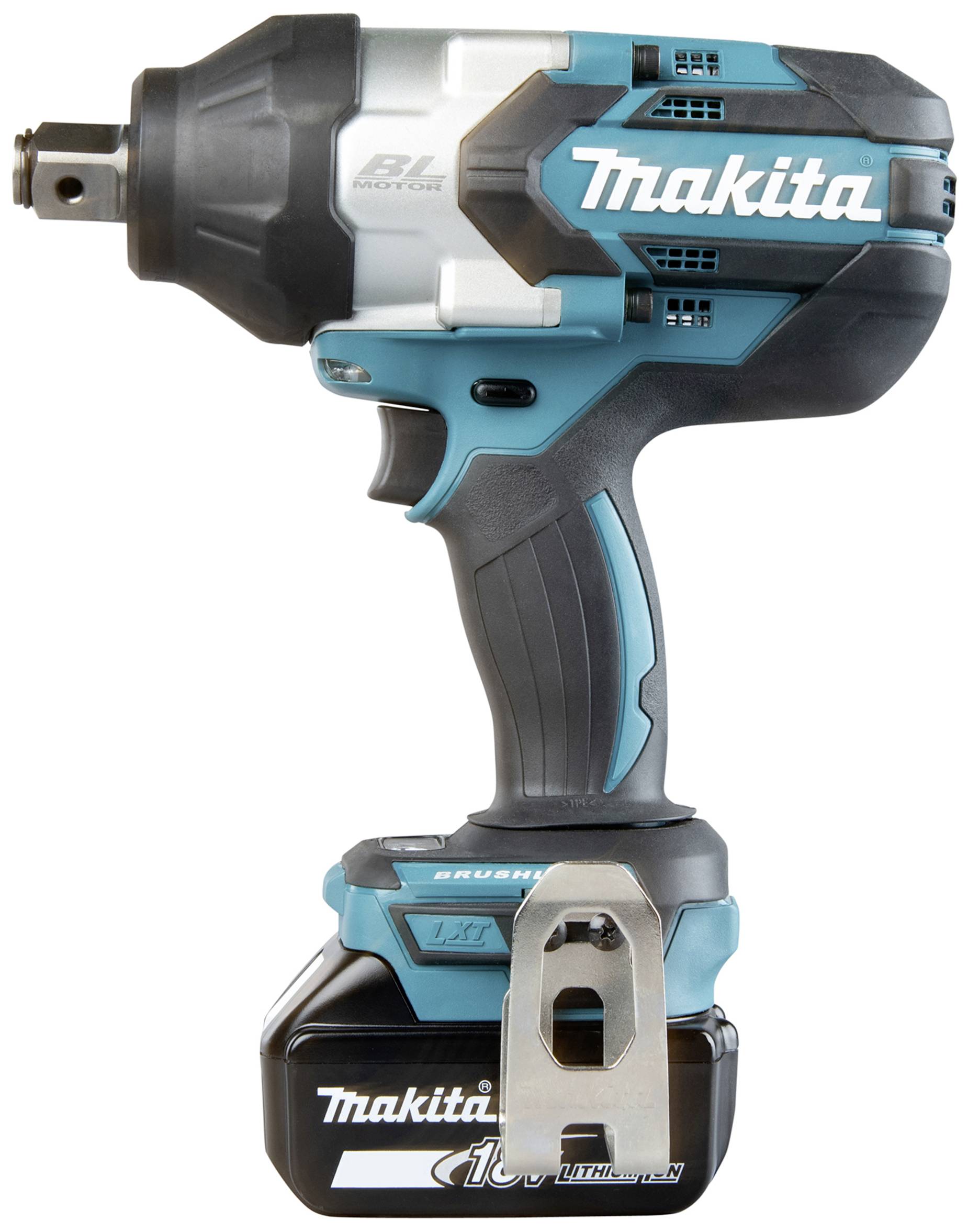 Black and blue impact driver with silver details, shown from a left-side view. Brand name visible on the casing.
