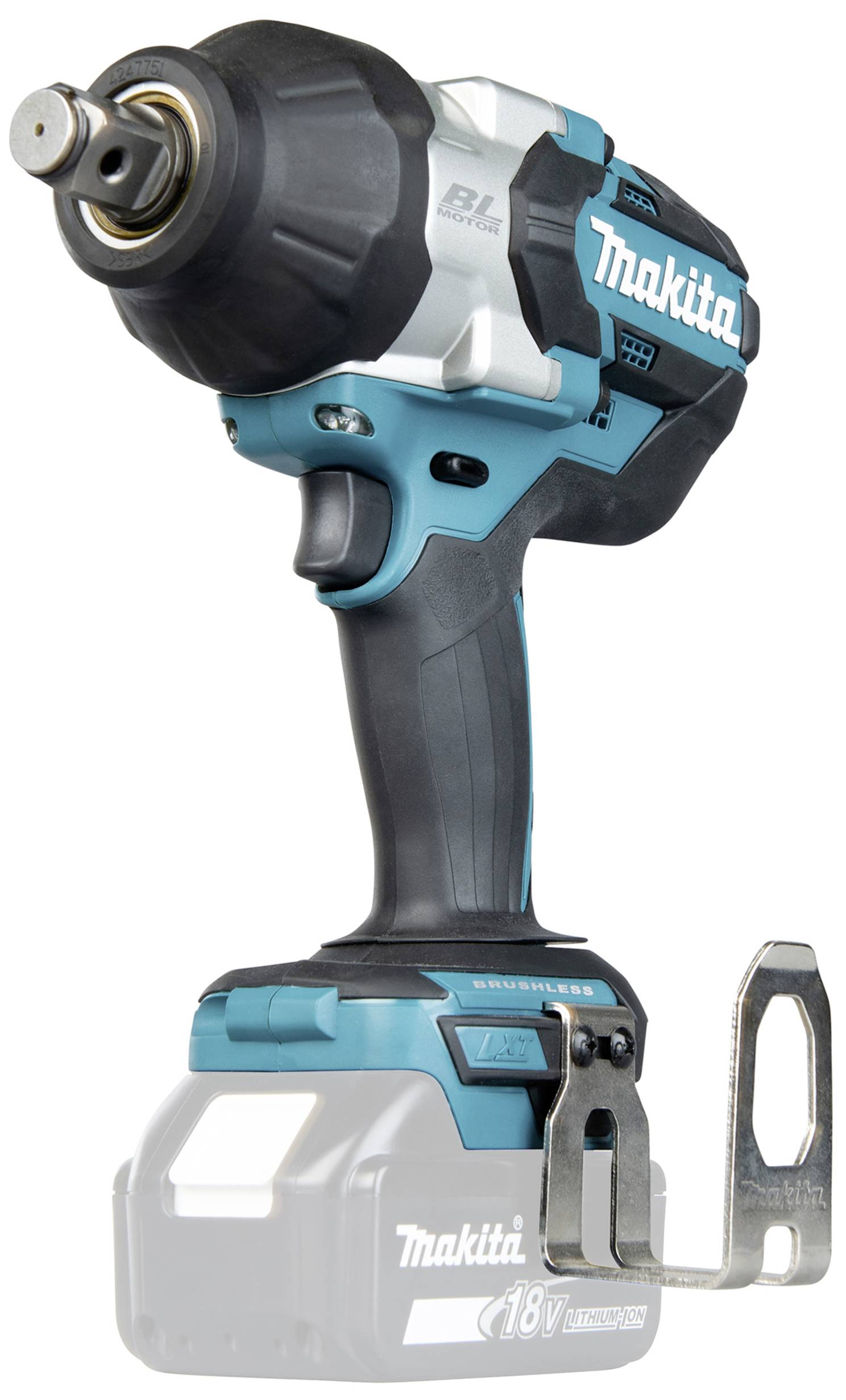 Cordless drill in close-up, with a blue-black casing and silver head. Brand name visible on the side.