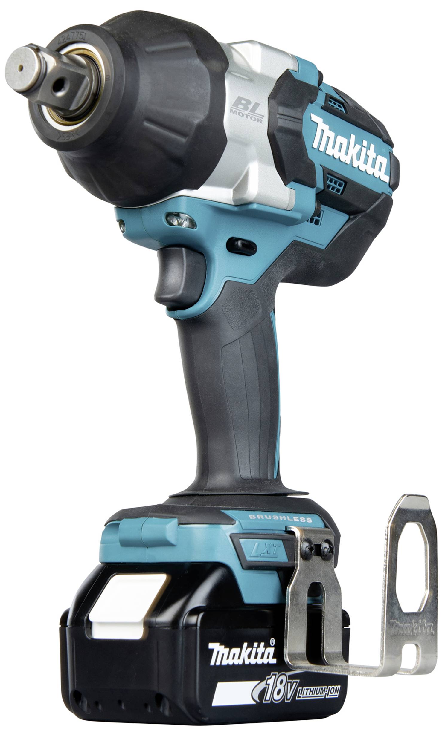 Cordless drill with grey handle and green-blue casing. 18V lithium-ion battery, metal hook.