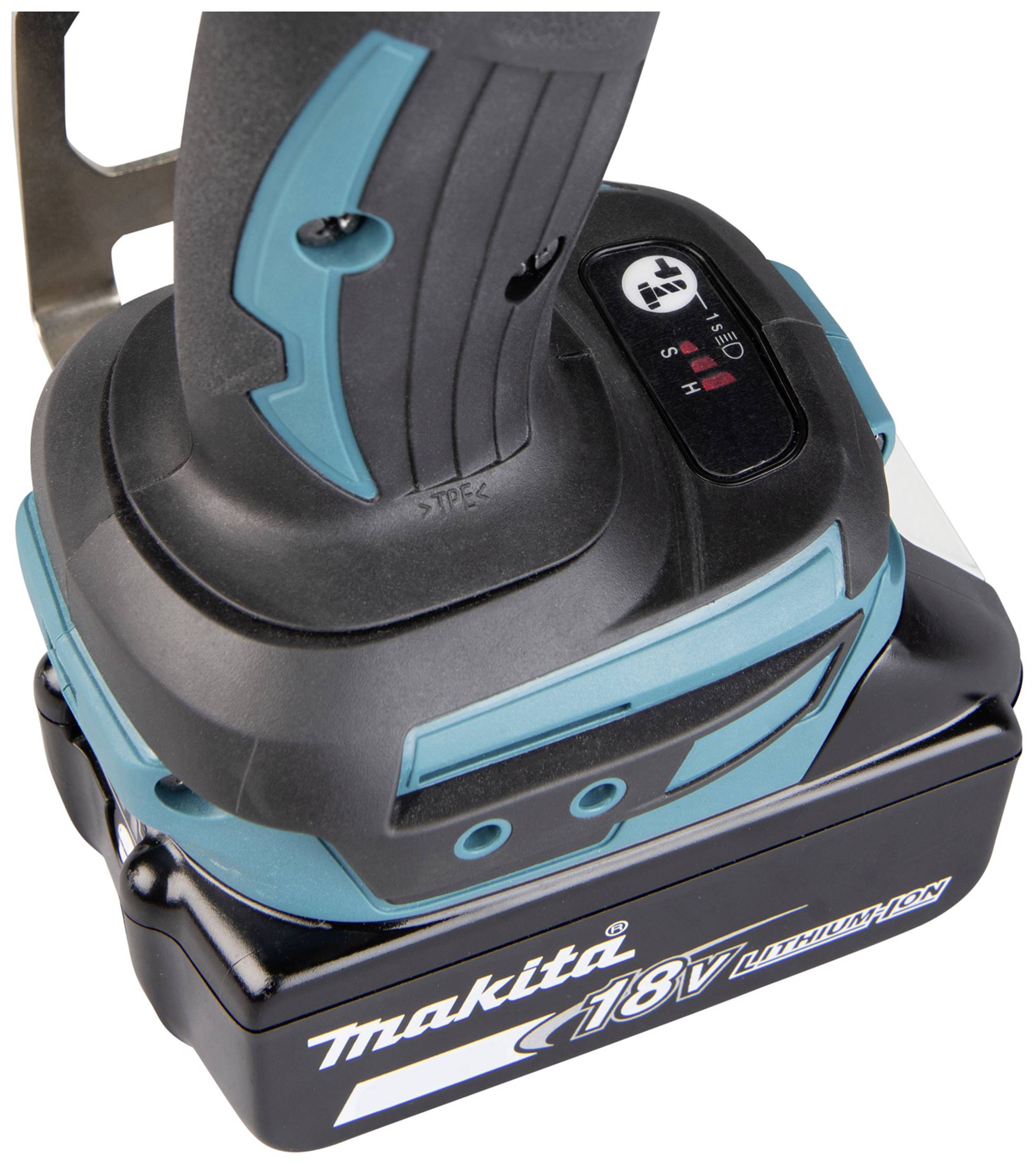 Cordless drill with 18V lithium-ion battery, brand name printed. Shows handle section and parts of the battery charge indicator.
