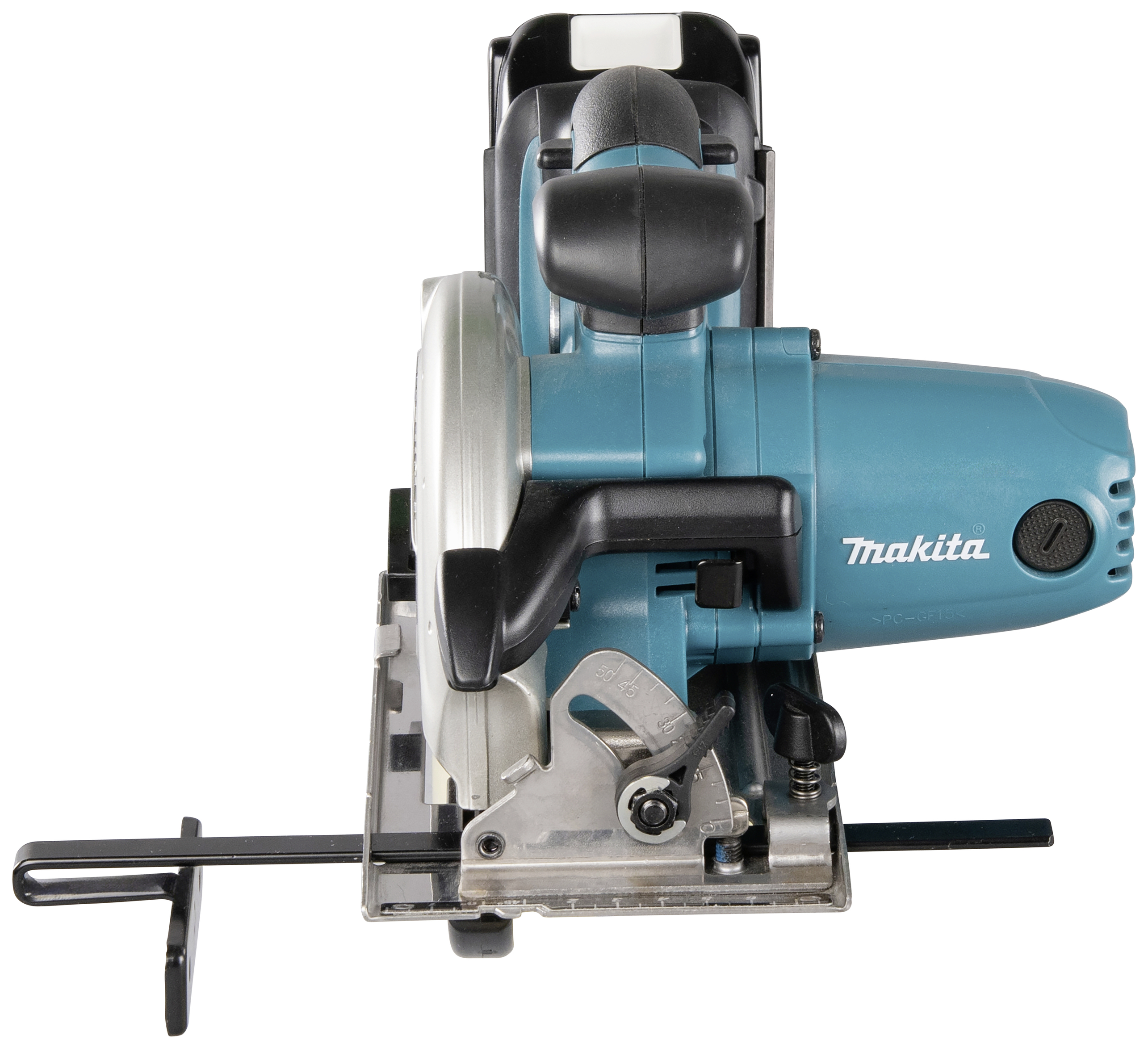 A blue circular hand saw on a white background, photographed head-on.